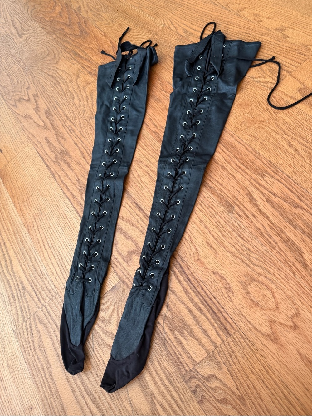 Black Lace-Up Thigh-High Stockings faux Leather